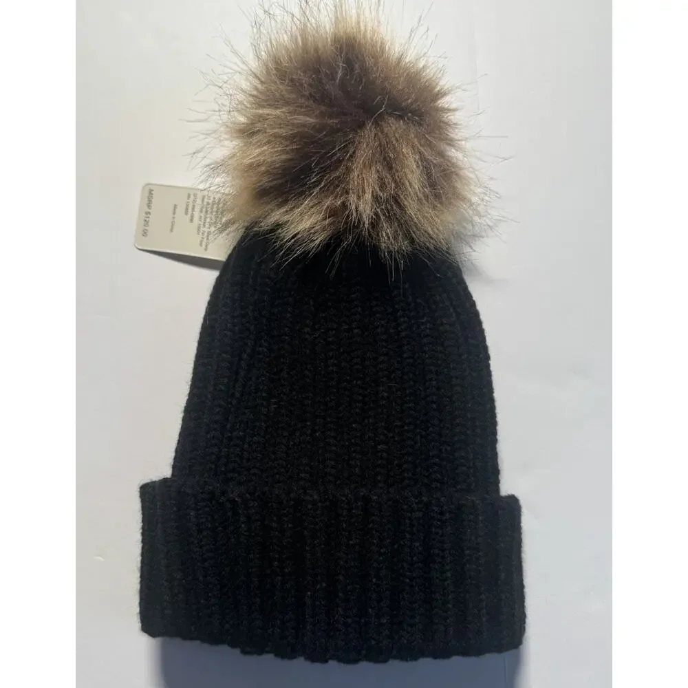 Adrienne Landau Black Ribbed Knit Beanie Faux Fur Pom Pom Hat NWT One Size